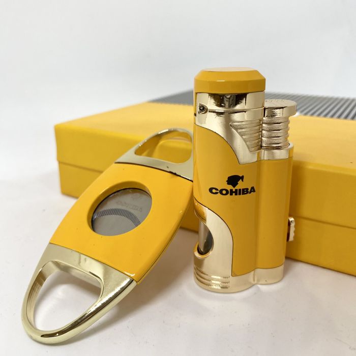 Турбо-запальничка Cohiba та гільйотина жовто-золотистого кольору у наборі