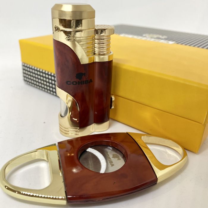 Турбо-запальничка Cohiba та гільйотина коричнево-золотистого кольору у наборі