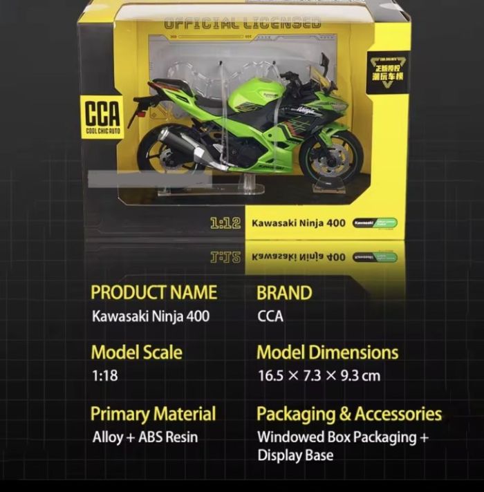 Масштабна модель Kawasaki Ninja 400 (2023) Green 1:12 CCA Licensed Diecast Model