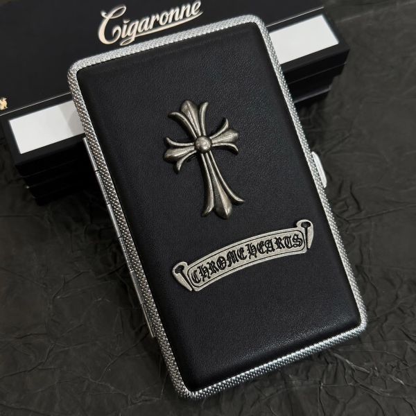 Стильний Портсигар Chrome Hearts (Чорна екошкіра) на 20 сигарет