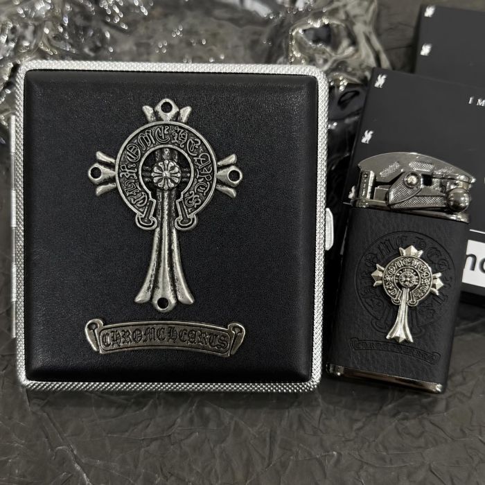 Портсигар металевий Chrome Hearts з екошкірою (на 20 сигарет), чорний з хрестом