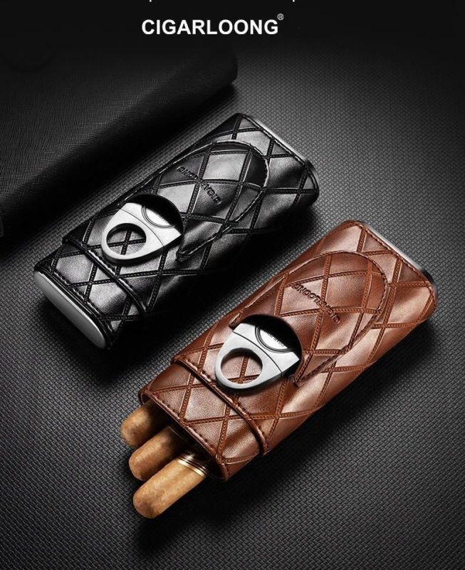 Елегантний шкіряний футляр (хумідор) для 3-х сигар Cigarloong із гільйотиною — Чорний