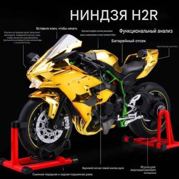 Колекційна інтерактивна модель мотоцикла Kawasaki Ninja H2R (Масштаб 1:9)з ефектом диму та підсвічуванням