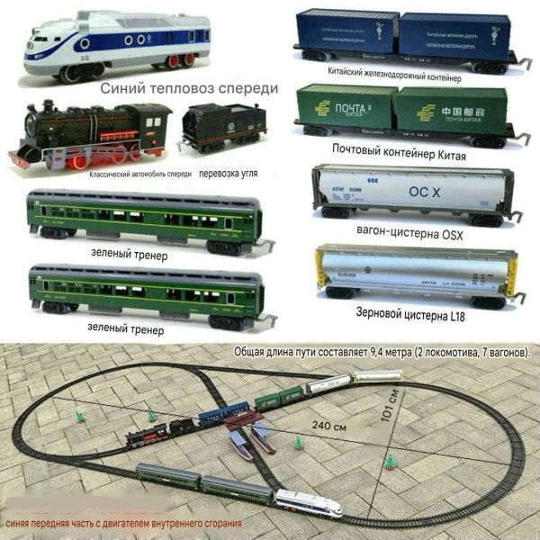 Великий ігровий набір залізниці FENFA Train Familial (9.4 метри колії, 2 локомотиви, 7 вагонів, акумулятори + зарядний пристрій)