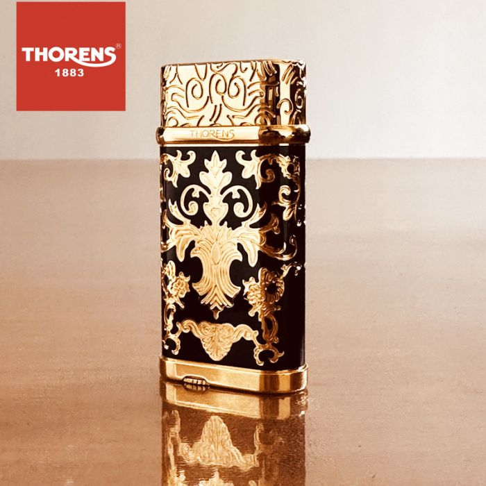 Розкішна газова запальничка THORENS в чорному кольорі з золотим орнаментом
